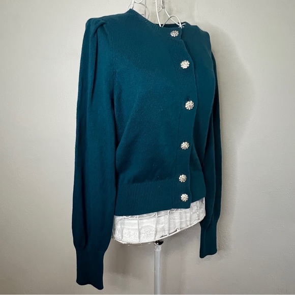 New Ryegrass teal cardigan sweater w/rhinestone buttons, a cashmere blend, S. - Picture 2 of 12